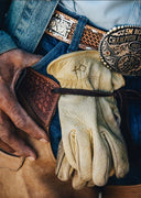 Diamond Cross Ranch Wyoming Blue Cowboy Yellow Deerskin Gloves